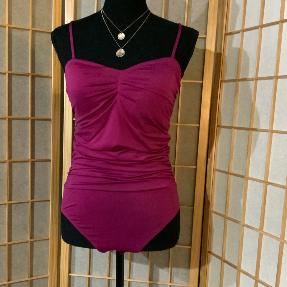 NWOT Express Magenta Ruched Body contour spaghetti strap bodysuit.